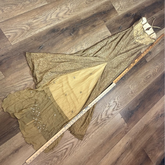 Vintage 100% Silk Beaded Dress Gold Beaded Dress Train Sheer Silk Fairy Prom - Picture 15 of 17